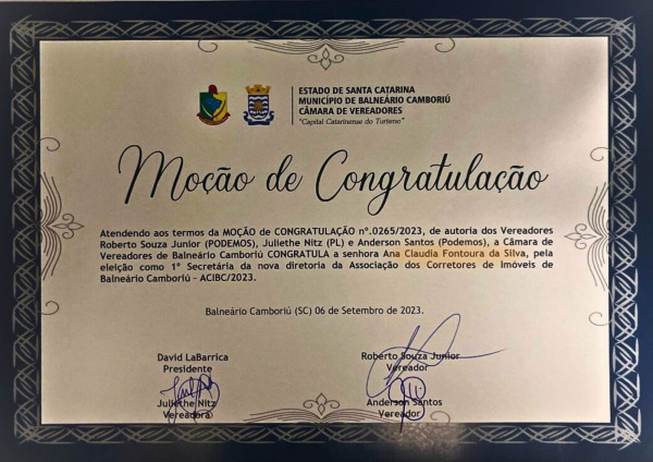 Ana Claudia Fontoura, Diretora da Invicta Negcios Imobilirios, Recebe Moo de Congratulao da Prefeitura de Balnerio Cambori!